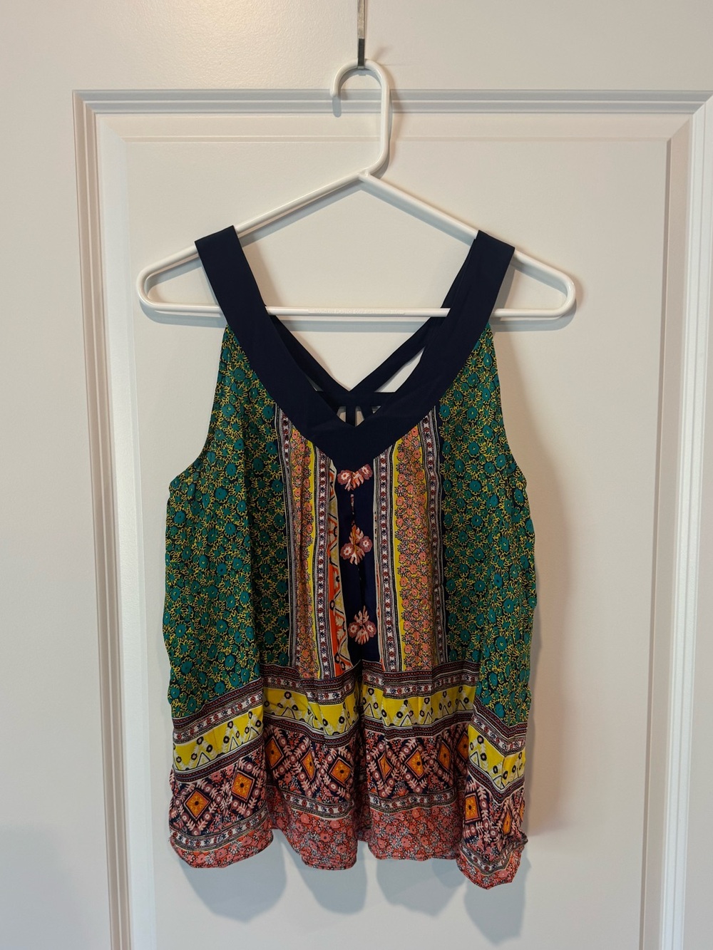 Maeve Green Multicolor Boho Tank with Navy Trim